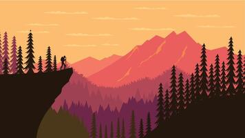 Hiker Silhouette on the Peak of Cliff with Mountain Landscape and Pine Tree in the Forest at Sunset vector