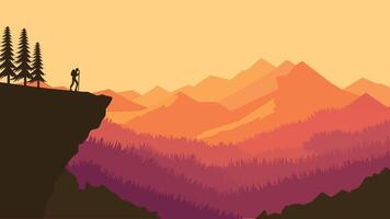 Hiker Silhouette on the Top of Cliff with Mountain Landscape and Fir Tree in the Woods at Sunset vector