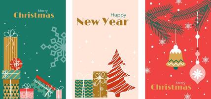 Christmas greeting card set. Trendy minimalist design with typography, Christmas tree ornaments, gifts, snowflakes. template for poster, greeting card, invitation, cover vector