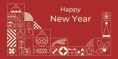 Horizontal geometric minimalistic minimalist background in linear style with New Year . Modern Christmas template on red background. White linear icons. Perfect for invitations, cards, posters, covers vector