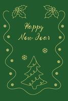 Hand drawn new year greeting card. Christmas design with festive Christmas tree, garlands. Minimalistic doodle style poster on green background. Perfect for invitations, cards, covers, banners. vector