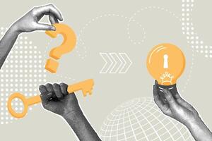 Fancy halftone collage. Concept of problem solving, finding the answer to solve a problem, picking a key to a new idea, key to find the answer to solve a problem and question, brainstorming, finding a vector