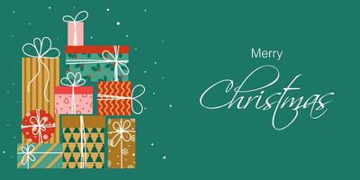 New Year greeting banner. Trendy modern design with gift boxes in gold, red, pink colors. Template for greeting card, invitation, web banner vector
