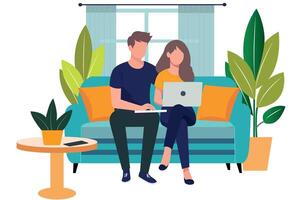 Couple working from home Two people man and woman sitting in couch at home doing remote work on computer. Flat design illustration with colorful background vector