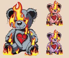 Grey Teddy Bear on fire with broken heart. vector