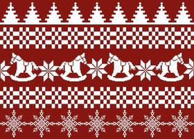 Seamless classic Christmas pattern, often referred pattern. It features a repeating design of Christmas trees, snowflakes, rocking horses, and geometric shapes vector