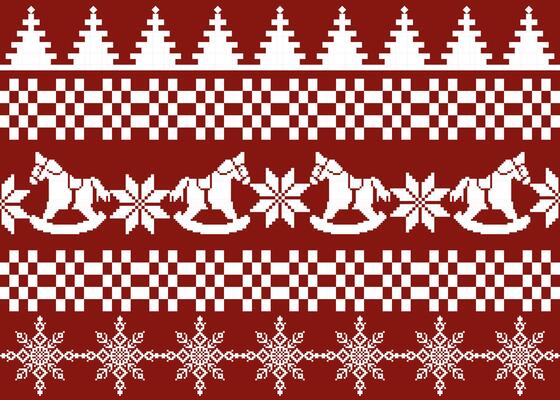 Seamless classic Christmas pattern, often referred pattern. It features a repeating design of Christmas trees, snowflakes, rocking horses, and geometric shapes