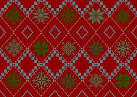 Seamless Red and Green Knitted Pattern, Snowflake Christmas Knit, Wintery Knitted Background, Festive Knitted Texture vector
