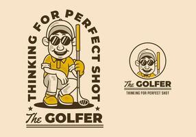 The golfer, waiting for perfect shot. Retro character of golfer man holding a golf stick in 2 badge type vector