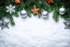 A Festive Christmas Scene with Snow, Fir Branches, and Ornaments - photo