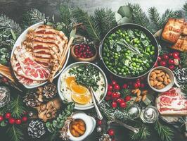 A Festive Christmas Table Spread with Appetizers and a Christmas Ham photo