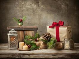 Rustic Christmas Charm Lantern Gifts, and Pine Accents. photo