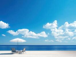 A Serene Beachscape Lounge Chairs Under a White Umbrella, Inviting Relaxation photo