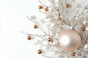 A Delicate Winter Scene with a Pearl-Colored Ornament and Snowy Branches photo