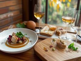 A Gourmet Meal with Wine, Ready to Be Enjoyed on a Warm Day photo