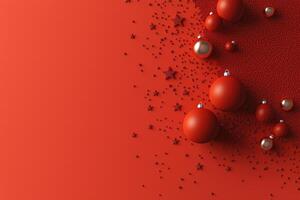 A Festive Red Background with Sparkling Stars and Ornaments photo