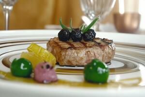 A Gourmet Grilled Steak with Blackberries and Olives, Plated with Artistic Flair photo