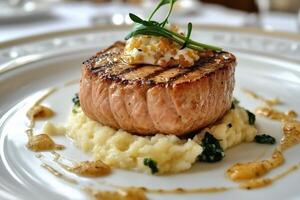 A Seared Tuna Steak with Mashed Potatoes photo