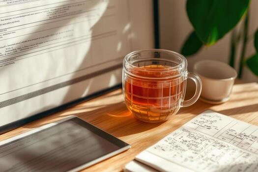 Organized Workspace with Tea and Notes photo