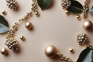 A Luxurious Festive Layout with Golden Ornaments and Green Leaves photo