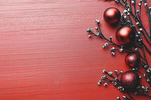 A Festive Christmas Background with Red Ornaments and Twigs photo