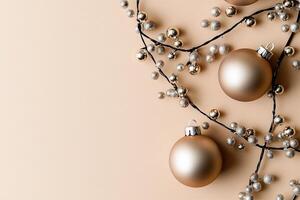 A Festive Winter Scene with Golden Ornaments and Twinkling Lights photo