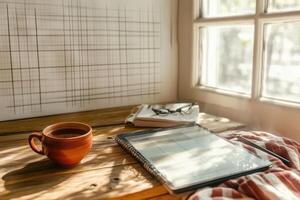 Cozy Workspace with Planner and Coffee Styled photo