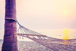 A hammock on the beach with the sun setting in the background photo
