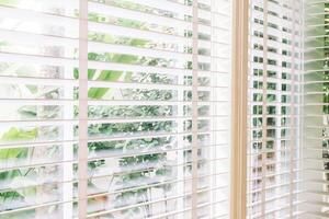 A window with blinds and plants in the background photo