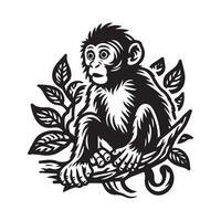 a monkey sitting on a branch with leaves vector