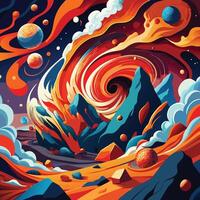 an abstract painting of a mountain and planets vector