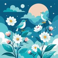 two birds on a flowery background with moon and stars vector