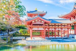 A beautiful asian temple with a pond in front of it photo