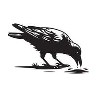 a black and white silhouette of a raven drinking water vector
