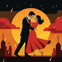 a couple dancing in the rain with the sun in the background vector
