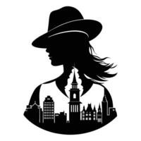 a silhouette of a woman in a hat and hat with a cityscape in the background vector