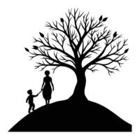 silhouette of a mother and child walking under a tree white background vector
