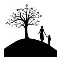 beautiful silhouette of a mother and child walking under a tree white background vector