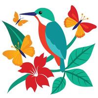 a colorful bird with butterflies and flowers vector
