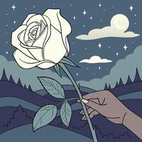 a hand holding a rose in front of a night sky vector