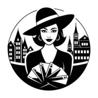 a black and white logo of a woman with a hat and a card vector