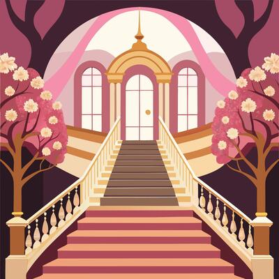 a staircase leading to a pink house with trees