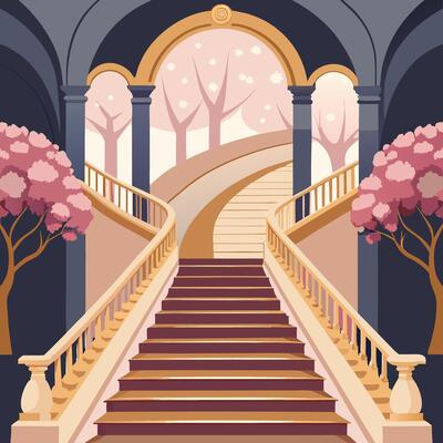 an illustration of a staircase with trees and flowers