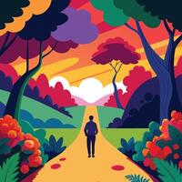 a man walking down a path in the forest vector