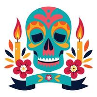 day of the dead skull with flowers and candles vector