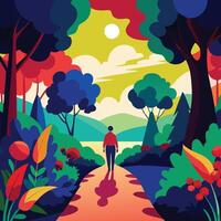 a man walking down a path in a colorful forest vector