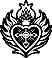 A black and white heart with flames on it vector