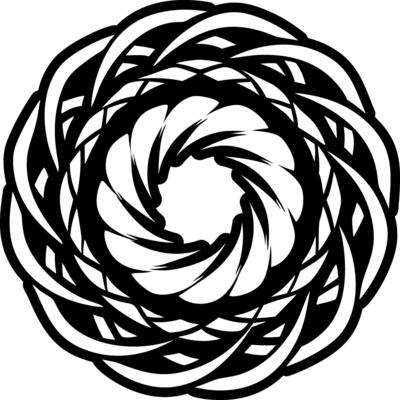 A black and white circular design with a spiral