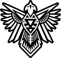 A black and white logo of a bird with a tribal design vector
