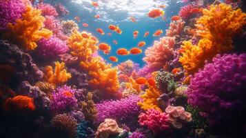 An underwater scene with colorful coral and fish photo